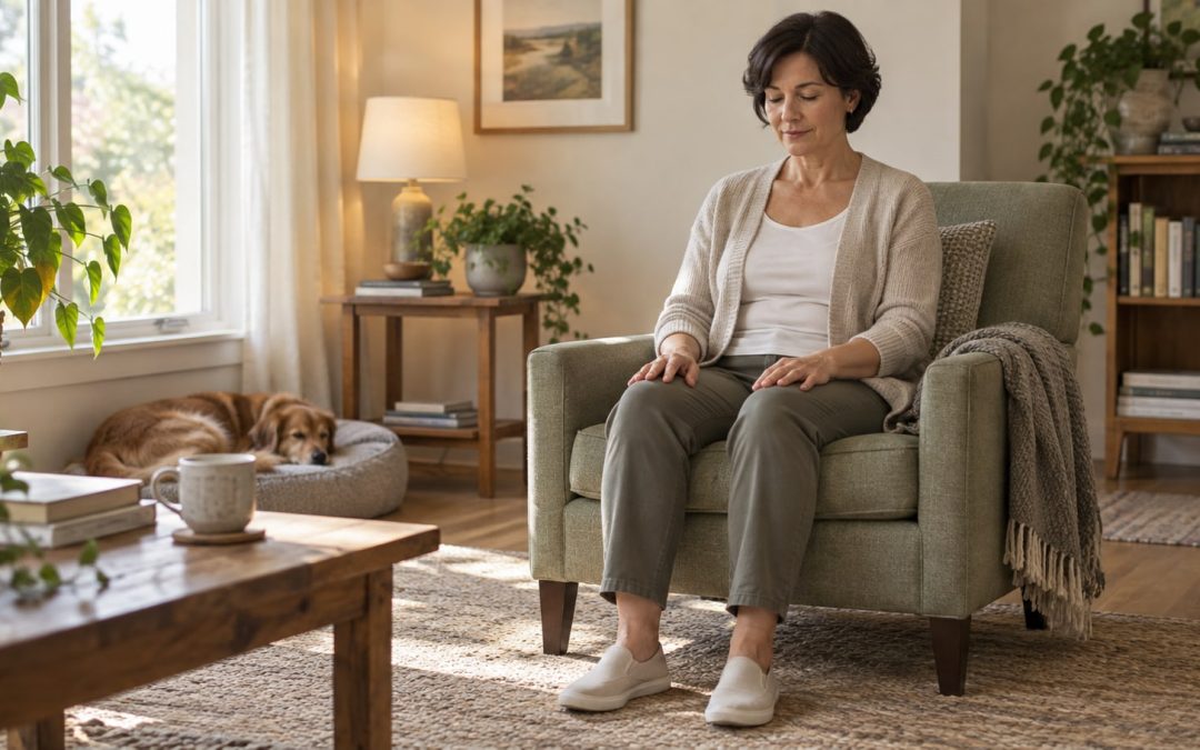 An adult sitting comfortably on a chair with feet resting on the floor in a softly lit room.