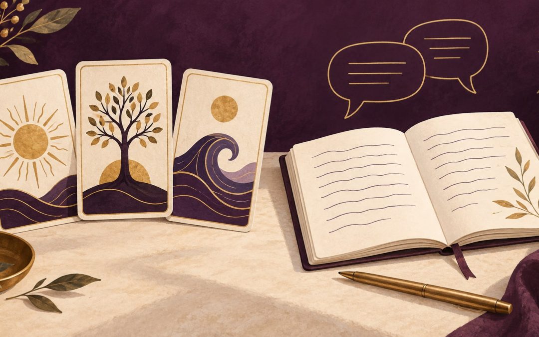 An illustrated tabletop pairs three original symbolic cards with a notebook and conversation-bubble motif.