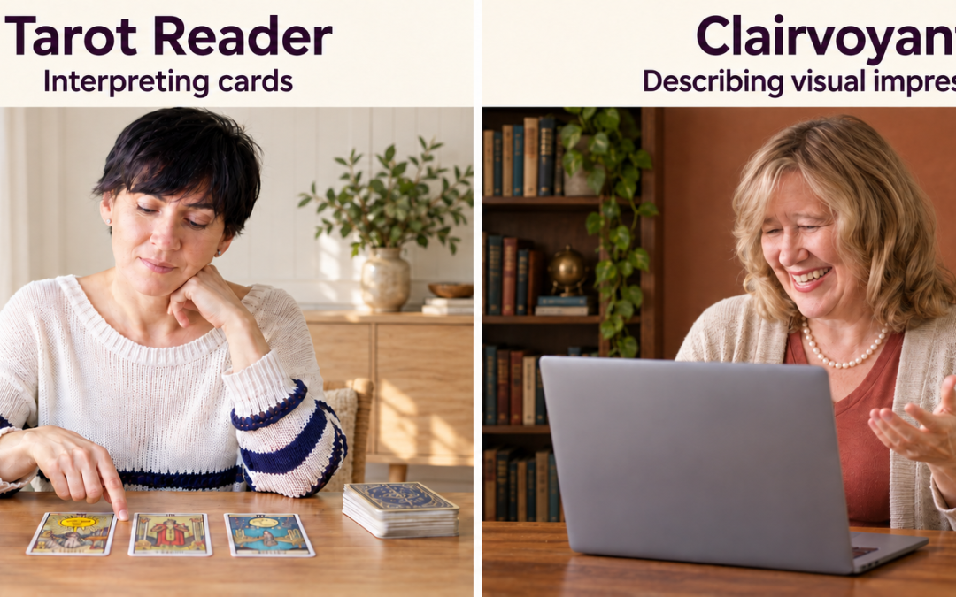 A tarot reader in a bright white studio and a different clairvoyant reader in a warm terracotta study, shown side by side with clear labels.